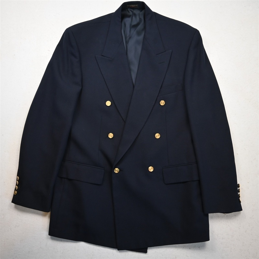 Vtg USA Made Double Breasted 44R Navy Blue Gold Button Blazer Jacket Sport Coat